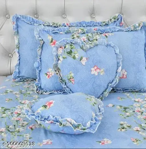Sunshine Luxurious 5 Pcs Bedsheet Set (1 King Size Bedsheet + 2 Decoratiive Frill Pillow Covers + 2 Decoratve Frill Heart shaped Cushion Covers with Fillers)