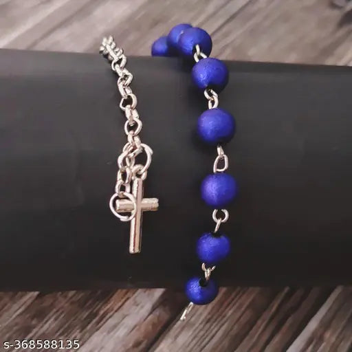 M Men Style  Religious Baptism Catholic Rosary Small Crystal Cross Bracelets for Women Men Crucifix Prayer Beads Christening Communion Party Gift Blue SBr202337