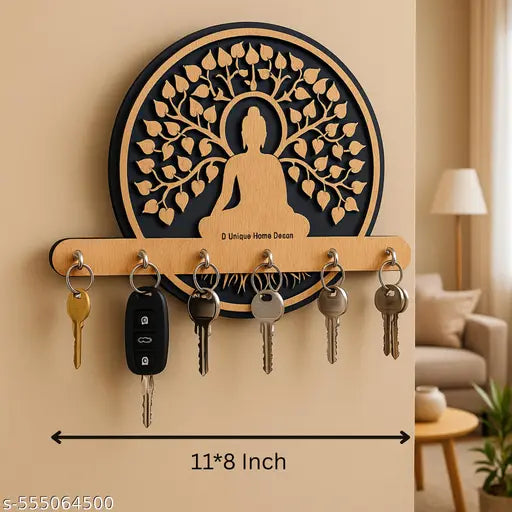 Wall Mounted Key Holder with  Stainless Hooks | Wooden "HOME" Design Key Organizer