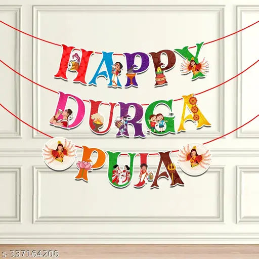 Zyozi Durga Puja Banner, Durga Puja Bengali Banner, Happy Durga Puja Multicolor Banner, Decorative Items for Durga Puja (Pack Of 1 Set)
