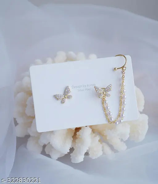 TheVineGirl Korean Pearl Chain Ear Cuff Butterfly Stud Earrings For Women/Girls