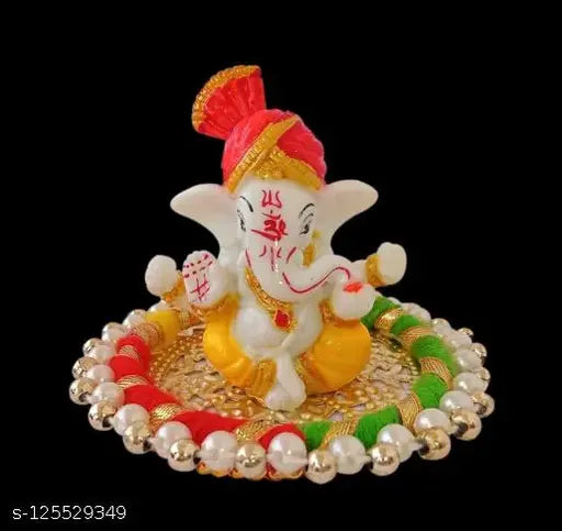 LORD GANESHA IDOL ON DECORATIVE HANDCRAFTED PLATE FOR HOME AND CAR Showpiece Resin Ganesha Idol 8 x 8 cms Plate decorated with  Idols & Figurines