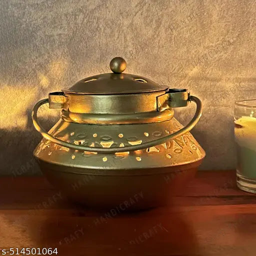 Handcrafted Hanging T-Light Holder/ Dhoop Dani with Wall Bracket | Vintage Dhoop Degchi and Lantern | Metal Wall Mount | 4.5 Inch