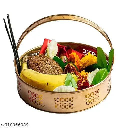 Round Metal Puja Basket with Handle High Quality Metal Gold Finished Flower Basket for Puja Diwali Navratri Festivals Brass & Metal Handicrafts By IBFASAA IMPEX