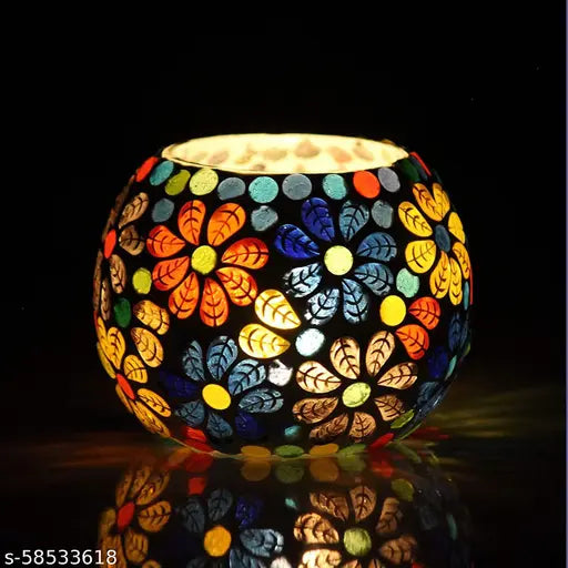 Mosaic Work Glass Candle tealight Holder for Home Decoration of Bedroom guestroom II Candle Light Dinner Decor II Set of 3 II Deepawali Decoration ( Showpiece )