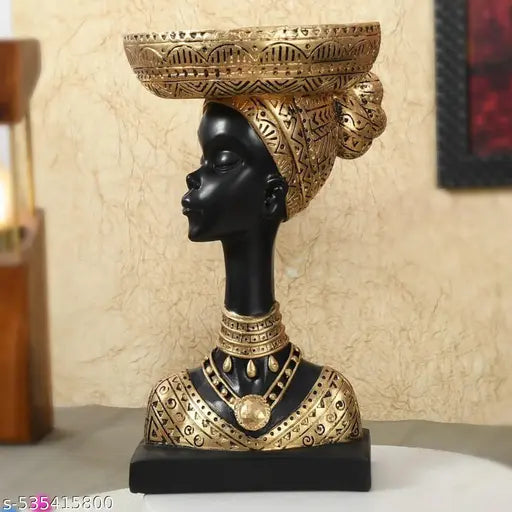 MEERUT HANDICRAFTS Vintage African Statue. Hand Sculpture African American Figurines. Exotic Tribal Lady African Art Piece for Home Decor. Figurines Home Decor. Room Decor for Women Size-11X8X23CM (Black & Gold)