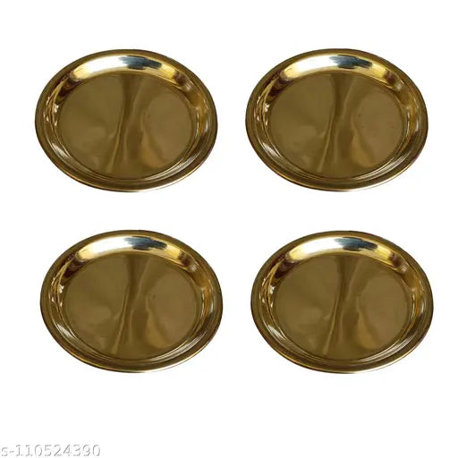 Craft World Plain Bhog Thali Prasad Plate(4 Pieces, Gold)