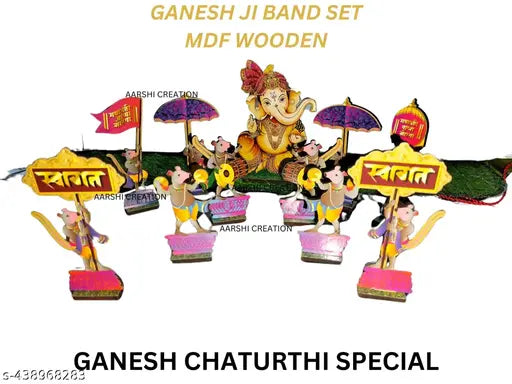 AARSHI CREATION PRESENT GANPATI BAND SET FOR SPECIAL GANESH CHATURTHI SIZE 4 INCH MDF WOODEN FOR HOME DECORE GANPATI DECOR GANESH CHATURTHI