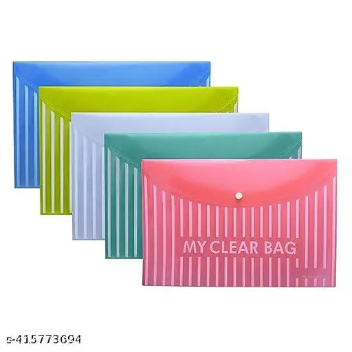 MCB A4/Legal Size Opening Pocket Document File My Clear Bag Snap Button Closure with Label Pocket for Home, Work Office Paper Stationary Organization (5 Pcs -Mix Color)