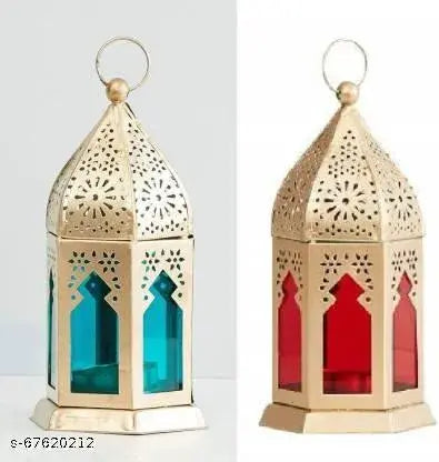 Tealight Candle Golden Color Lantern with Multicolour Glass