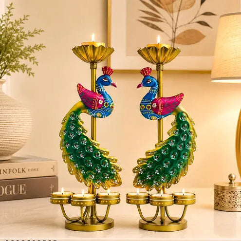 Handmade Peacock Tealight Candle Holder Set of 2 | Metal Diya Stand