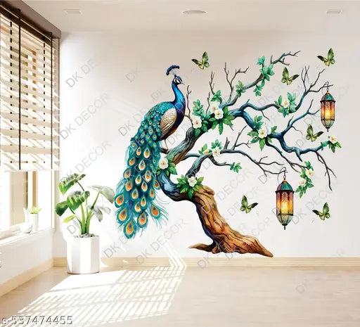 WINNING CRAFT  Peacock Wall Sticker Home Decoration | Colorful Peacock Decal Living Room | Elegant Wall Art Sticker Hanging Lanterns