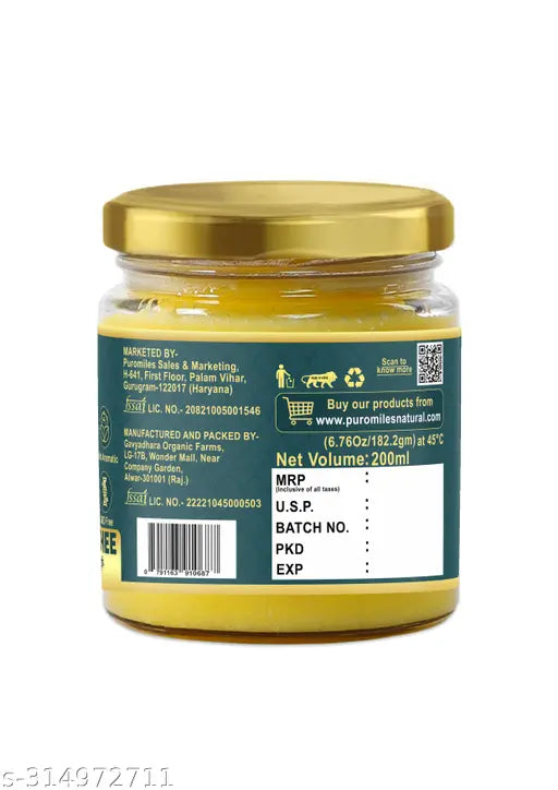 Puro Miles A2 Cow Ghee | Made with Desi Kankrej Cow's A2 Milk |Forest Fed ,Grass Fed Cows| Organic & Natural| Pack of 200mL glass Jar