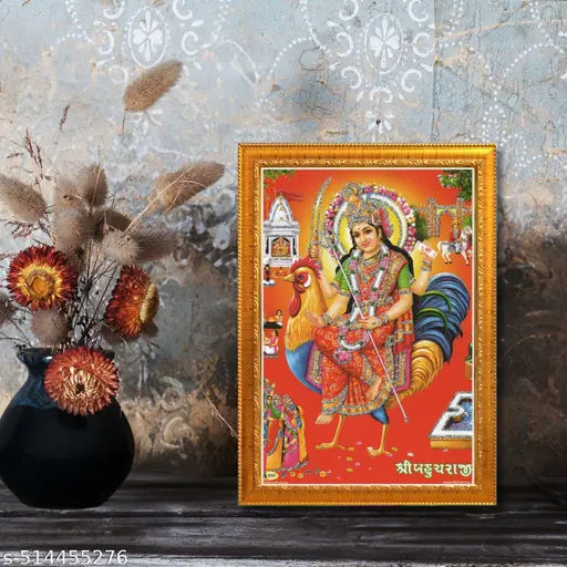 CRAFT QUEST Bahuchar Maa Mata Bahuchara Bahucharaji Wall Painting Framed Home Decor (Wood,Matte,Gold,Small Size,6 x 8 Inch)