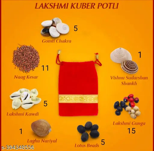 LAKSHMI KUBER POTLI FOR WEALTH AND PROSPERITY POTLI 1,GOMATI CHAKRA 5,NAAG KESAR 11,KODI 5,GUNJE RED BLACK WHITE 5 EACH,KAMAL GATTE 5,LAGHU NARIYAL 1, VISHNU SHUDARSHAN CHAKRA 1 (44 pcs)