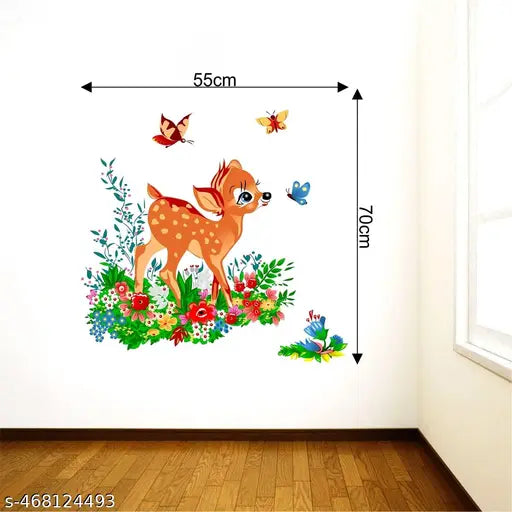 Inkfence 70x55 cm Wall Stickers Deer with Butterflies in Jungle for Kids Nursery Room Self Adhesive Sticker  (Pack of 1)