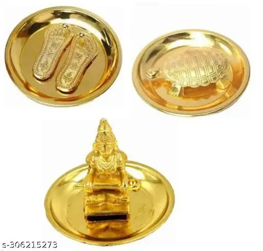 Maa Annapurna Devi Small Size – The Goddess of Food and Nourishment Vastu Tortoise And Lakshmi Charan Paduka Kachhua Yantra With Laxmi Charan  ( Golden) Pooja Kit (Golden Plated) Brass Yantra  (Pack of 3)