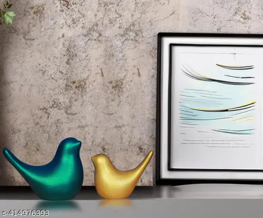 AA NM & Sons Birds Showpiece Set of 2 Birds Family Statue Decoration Figurine For Living Room | Collectible For Home Décor (5 & 4 inch,Green & Gold)