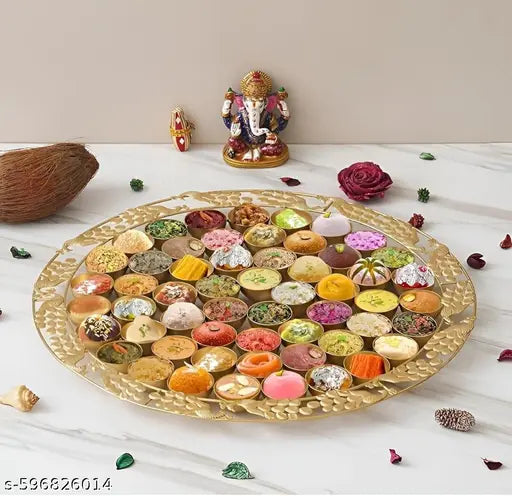 C A GIFT CREATION Golden Metal 56 Bhog Thali with Peacock & Floral Border | Large Pooja Prasad Plate with 56 Compartments for Mandir, Janmashtami, Annakut & Religious