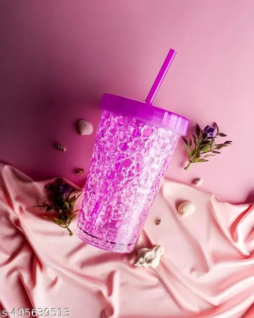 Plastic Mug Bottle Jelly Sipper Gel Freezer Sipper with Straw for Cold Beverages Water and Drinks (Pack Of 1 , Pink)