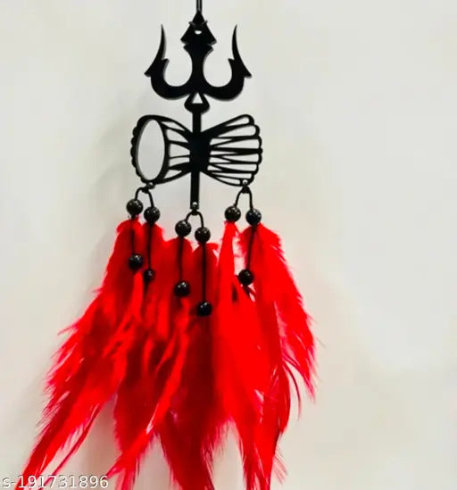 sioncet created MAHADEV TRISHUL AND DAMRU  material black acrylic and RED feather use for car hanging,home decoration,gift,temper