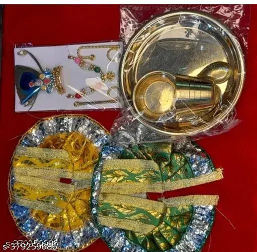 combo of 4 item / 2 bal gopal / laddu gopal dress and full ornaments of bal gopal with bhog thali puja thali prasad thali set