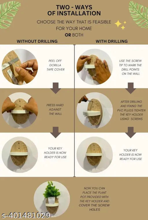 Key Holder for Home | Wall Stylish Key Stand | Key Chain Holders for Wall | Key Hanger | Free Artificial Plant Pot | 8 Hooks (Oval)