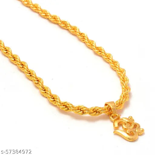 Jewar Mandi Fine Gold Plated Om Locket Brass Pendant Designer Jewellry with Chain for Men