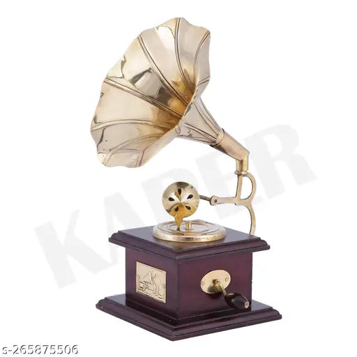 KAPER Gramophone Showpiece for Home Decor Antique Wooden Vintage Brass Showpiece Items for Living Room, Kitchen, Gifts