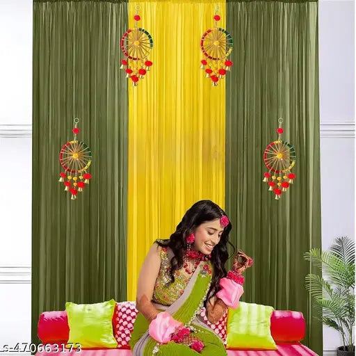 P-YOG Haldi Decoration Items for marriage, Yellow Curtains Backdrop for decoration pooja items with Chakra latkan for mehendi decoration items Backdrop Cloth for decor