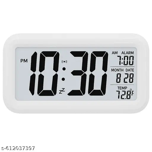 Digital Alarm Clock, Table Clock with Automatic Sensor, Date and Temperature Display, Compact Desk Clock for Students,Home, Office, Bedroom, Living Room,Home Decor, Corporate Use (White Digital)