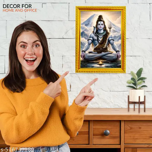 Uday Galleries Lord Shiv Ji 8x6 Inch Wall Painting Framed for Home Decor and Pooja Room | Siva Parvati Parivar Lord Shiva Photo Frame | Bholenath Parivar Wooden Photo Frame