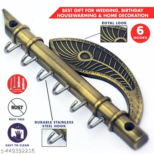 Zurient Zinc Lord Krishna's Flute & Peacock Quills Key Stand, Key Holder, Wall Mounted Key Holder, 6 Pin Wall Key Hanging Hooks, Key Hanger, Key Utilities Organizer for Home and Office, Brass
