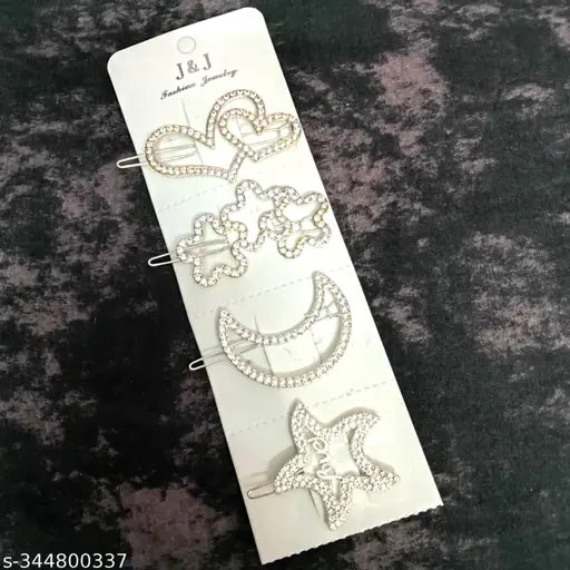 MYSTEVVA Korean Fashion Style Pearl Rhinestone Zarkan work Metal Hair Clips Hair Pin Stylish Hair Accessories Jewellery For Women's And Girls (Pack Of 4), SILVER