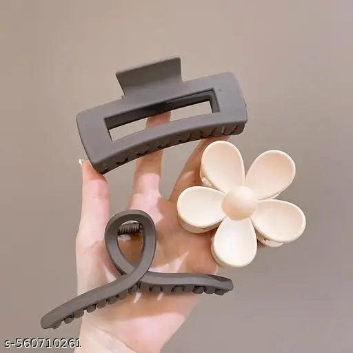 Stylish Matte Finish Hair Clutcher Set for Women & Girls – Pack of 3 (Trendy Flower, Loop & Rectangle Design)