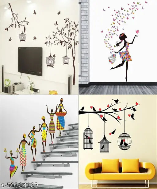 Ghar Kraft Set of 4 Wall Sticker Tribal Lady | Free Bird Cage Brown | Dream Girl | Dream Girl | Dream Girl | Love Birds With Hearts