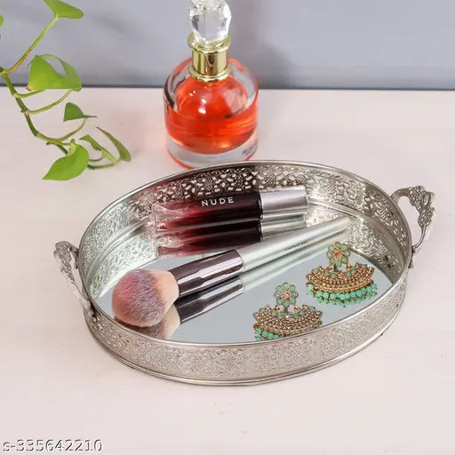 Craft Brio -A TRENDY HANDICRAFTS Oval Glass Mirror Silver Plated Serving Tray with Handmade Handles Decorative Vanity Perfume Storage Pooja Wedding Diwali Gifting Trays (26X 6 cm)