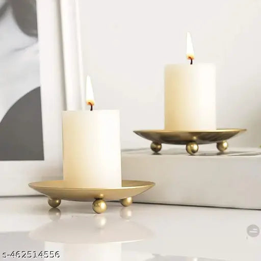 TAJ CREATIVE HANDICRAFTS Tray Pedestal Candle Stand for Pillar Candles, Metal Candle Holders for Dining, Wedding (Pack of 2 Gold) (CANDLE NOT INCLUDED)