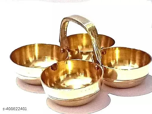 Brass Small Brass Puja Roli Chawal, Elaichi, Mishri 4 Bowl Stand