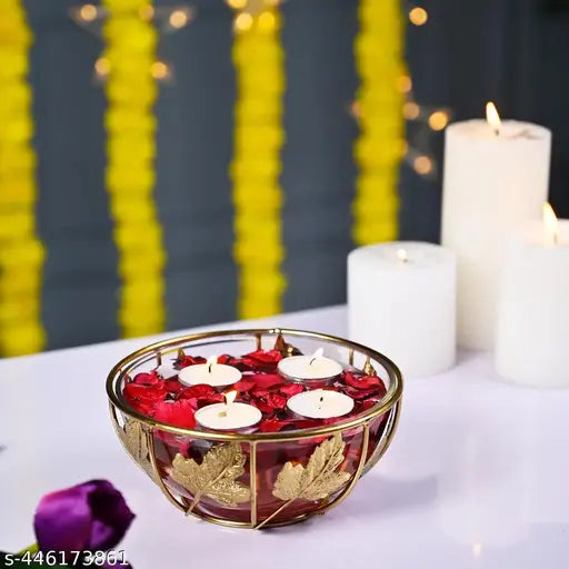 Decorative Glass Bowl with Stand for Home Décor | Bowl for Floating Flowers and Tea Light Candles | Decorative Bowl for Home, Office |Glossy Finish | Iron + Glass Material (Set of 1)