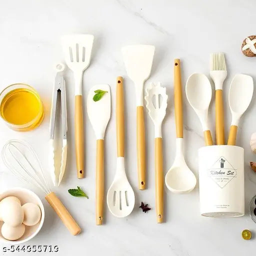 12-Piece Silicone Kitchen Utensil Set with Wooden Handles – Heat Resistant, Non-Stick Cooking & Baking Tools for Kitchen Use, Includes Spatula, Spoon, Turner, Tongs & Holder – Ideal for Non-Stick Cookware