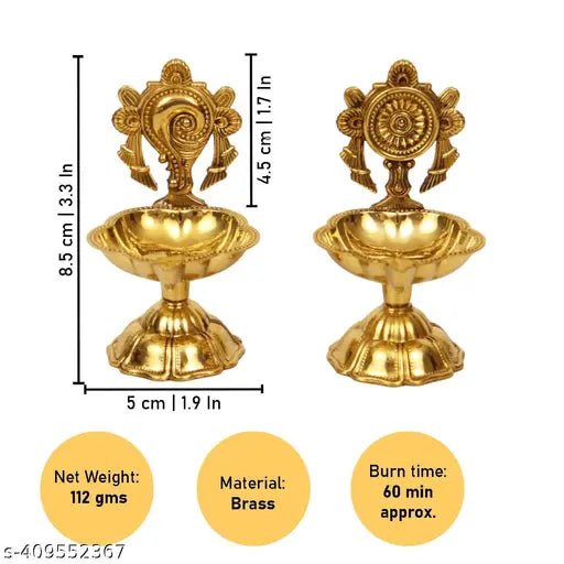 Brass Diya for Pooja, Shanku Chakra Deepam | Small Oil Lamp for Home Temple Puja & Decor Gifting | 3 inch Pure Brass Table Diya (Gold)