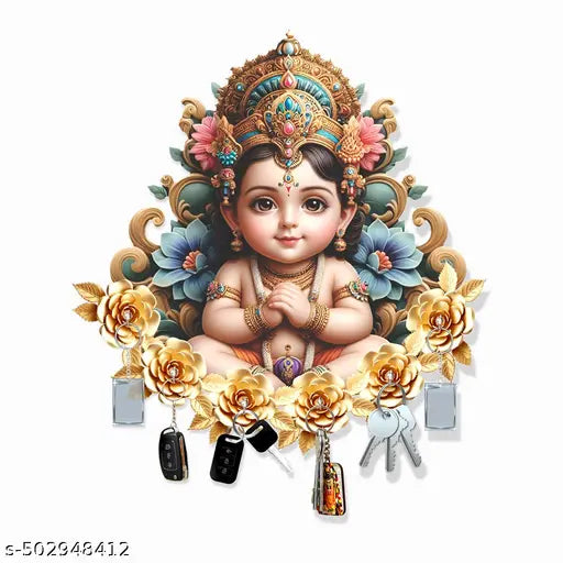 Kalasagar Premium Little Krishna Wooden Wall Key Holder, Key Hanger for Living Room | Home Decor | Office Gift Items - 11.5' x 9' Inch Multi, (Pack of 1)