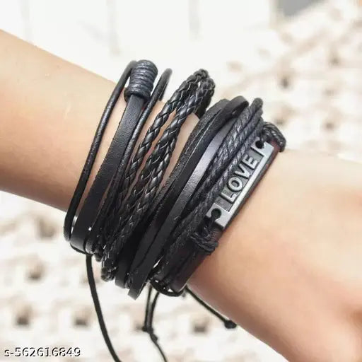 Tastic Black Leather with Love Metal Studded Dyed Rope Natural Beads Wrist Bracelet for Men Casual Wear(Set of 4)