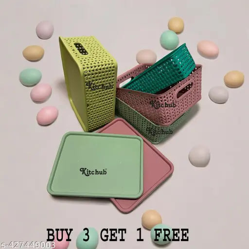 Unbreakable 4 Pieces Plastic Multipurpose Small Size Flexible Storage Baskets/Fruit Vegetable Bathroom Stationary Home Basket with Handles,Multi 0064