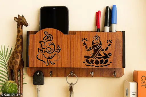 KusumCrafts Beautiful Wooden Key Holder For Wall Home Decor, Mobile Phone Stand With Two Compartments and Side Shelf Wood Key Holder( Pack of 1 )