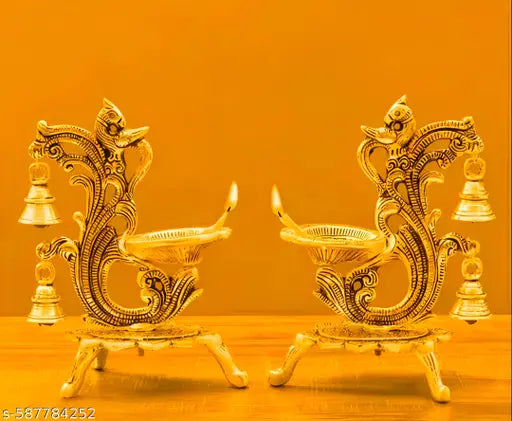 Golden Set of 2 - Peacock Design Metal Swastik Diya