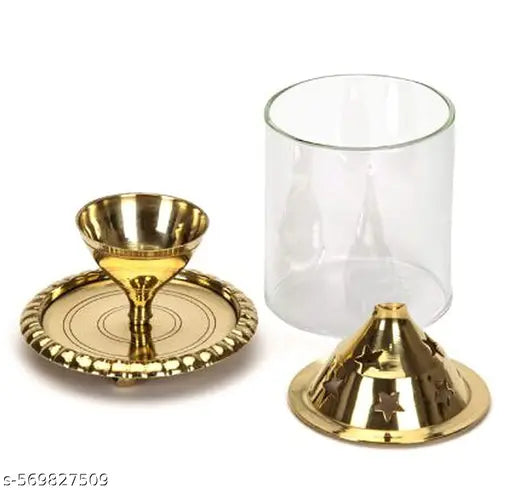 Brass Pancharti and Glass Enclosed Diya for Mandir Setup and Regular Pooja Rituals