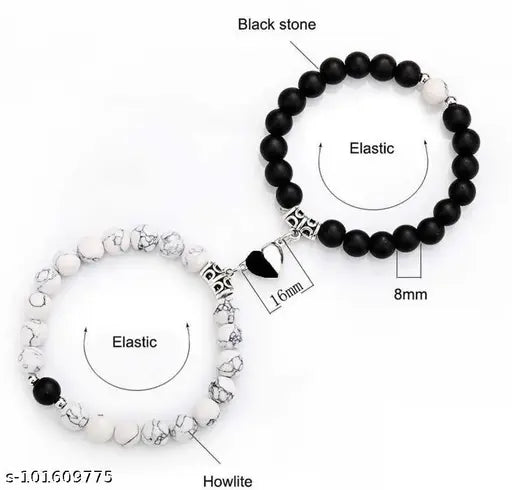 I Love You 2 Pcs Magnetic Valentines Day Broken Heart Love Couples Promise 2 in 1 Duo Wrist Band Cuff Elastic Field Therapy 8mm Howlite Black Beads Stone  Bracelets