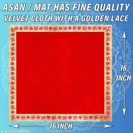 Rushville Velvet Aasan Mat | Pooja Aasan Mat | Golden Lace Satya  Prayer Mat | Traditional Chowki Prayer Mat |Size : 16 x 16 Inch| Red